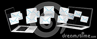 Digital e-mails flying through devices screens 3D rendering Stock Photo