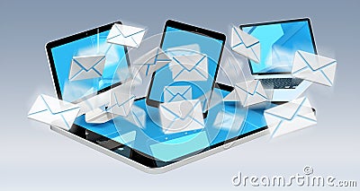 Digital e-mails flying through devices screens 3D rendering Stock Photo