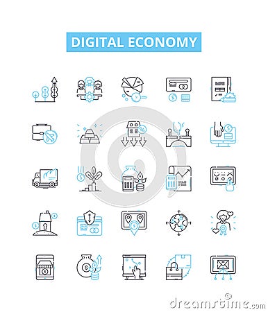 Digital economy vector line icons set. digital, economy, technology, online, commerce, services, finance illustration Vector Illustration