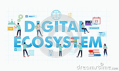 Digital ecosystem letter and people doing their job banner illustration Vector Illustration