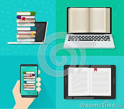 Digital electronic books online reading concept on computer, cell phone and tablet reader device screens vector flat Vector Illustration