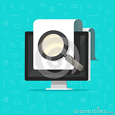 Digital electronic document inspection review, online search or find via magnifier glass on computer pc screen vector Vector Illustration
