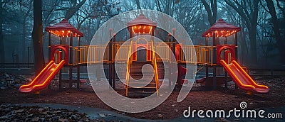 Digital elements and responsive light effects create an interactive playground in rural area. Stock Photo