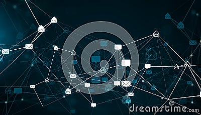 Digital email network with glowing envelope icons connected by lines. 3D Rendering Stock Photo