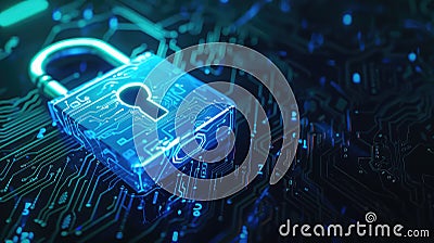 Digital Encryption Padlock with Circuit Patterns Illuminated by Blue Light Stock Photo