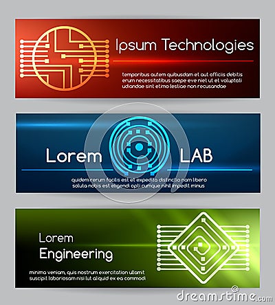 Digital engineering banner set. Computer technology banners with chips vector illustration Vector Illustration