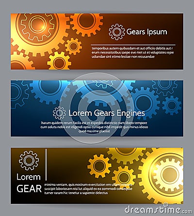Digital engineering banner set. Teamwork or technology construction banners with gears Vector Illustration