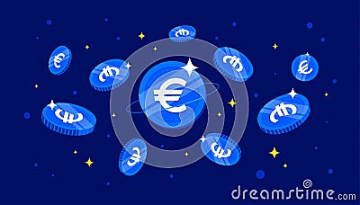 Digital Euro coins on blue background. European Central Bank ECB concept banner background Vector Illustration