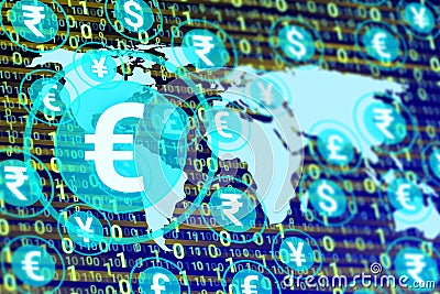 digital euro icon isolated on other currency, world map and numbers Stock Photo