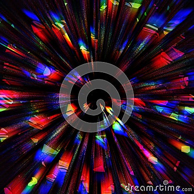 Digital explosion glitch lines and speed glowing lights on black background. Techno psychedelic screen Stock Photo