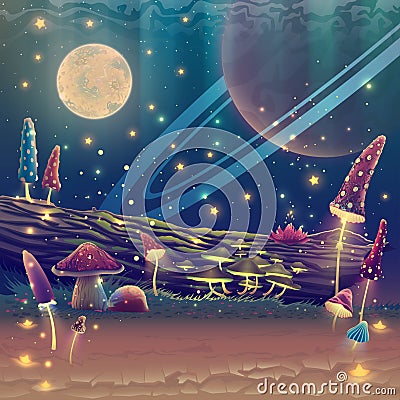 Digital fantasy mushroom garden or magic park illustration, night forest landscape art with stars, moon, planets in space, outdoor Vector Illustration