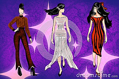 Digital fashion illustration in a set. Cartoon Illustration