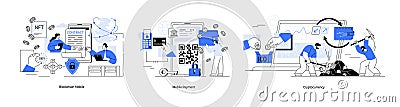 Digital finance icons including blockchain, mobile payments, cryptocurrency mining, and digital contracts Stock Photo