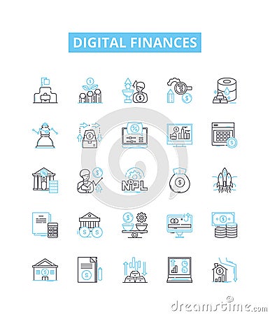 Digital finances vector line icons set. Digital, finances, banking, payments, online, accounts, debit illustration Vector Illustration