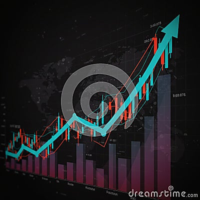 A digital financial chart with a black background displaying data visualization. Stock Photo