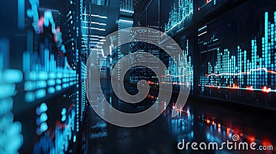 Digital Financial Trading Room with Atmospheric Blue Hue Stock Photo