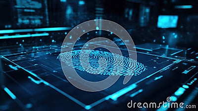 digital fingerprint displayed on high tech interface, showcasing advanced forensic technology and analysis tools. blue tones Stock Photo