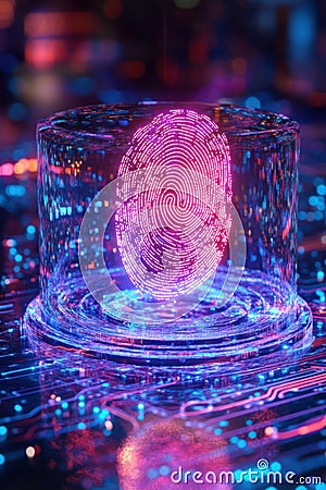 Digital fingerprint, A floating fingerprint icon projected in holographic form, suspended over a vibrant digital circuit Stock Photo
