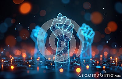 Digital fists raised in futuristic tech network. Unity, revolution symbolized by polygonal hands. Abstract, powerful visual Stock Photo