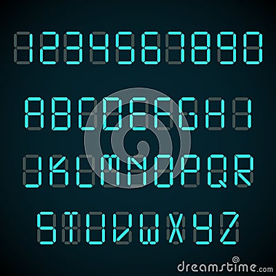 Digital font, alarm clock letters and numbers vector alphabet Vector Illustration