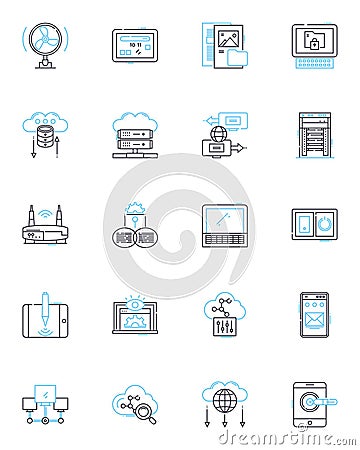 Digital footprint linear icons set. Traceability, Privacy, Reputation, Exposure, Auditability, Transparency, Monitoring Vector Illustration