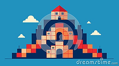 A digital fortress of blocks each one containing encrypted data forming an unbreakable wall of security against Vector Illustration