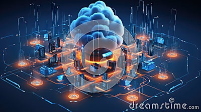 Digital Fortress of Cybersecurity: 3D Graphic with Encrypted Factory Datastreams Stock Photo
