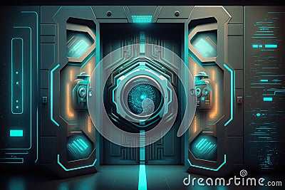 Digital Fortress Futuristic High-Tech Security System with Biometric Identification and Encryption Cartoon Illustration