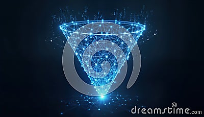 Digital funnel illustration represents data filtering process. Polygonal shape emphasizes tech aspect of sales funnel. Abstract Cartoon Illustration