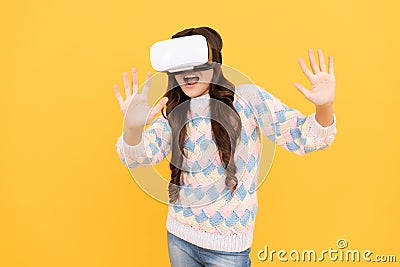Digital future and innovation. child in virtual reality goggles. modern wireless technology. Stock Photo