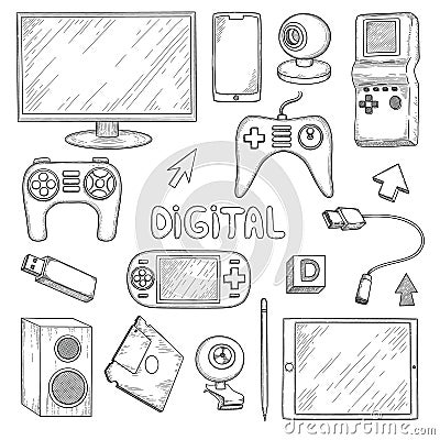 Digital gadgets. Computer pc laptop notebook smartphone earphones headset electronic technology vector doodle hand drawn Vector Illustration