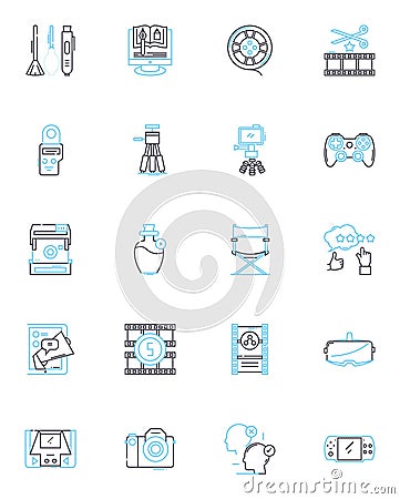 Digital games linear icons set. Consoles, Adventure, Multiplayer, Graphics, Video, Strategy, eSports line vector and Vector Illustration