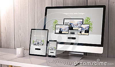 devices responsive on workspace cool website design Stock Photo