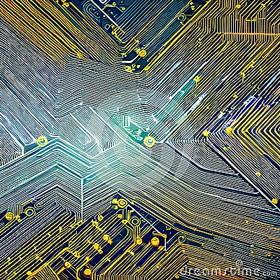 A digital glitch effect overlaying a circuit board pattern, symbolizing the convergence of technology and art3, Generative AI Stock Photo