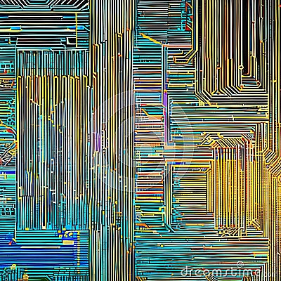 A digital glitch effect overlaying a circuit board pattern, symbolizing the convergence of technology and art2, Generative AI Stock Photo