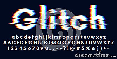 Digital glitched alphabet distorted screen error effect, Latin uppercase and lowercase letters Glitch typeface, vector Vector Illustration