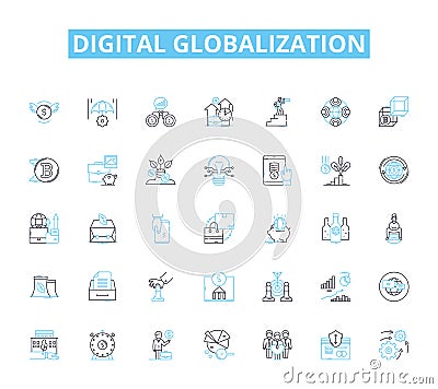 Digital globalization linear icons set. Connectivity, Interdependence, Integration, Digitalization, Expansion Vector Illustration