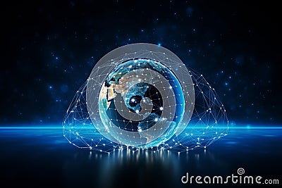 A digital globe of Earth surrounded by a network of dots and lines representing global connectivity generative ai Stock Photo