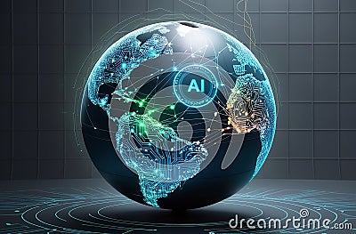 A digital globe illuminated by AI symbols and circuits, representing artificial intelligence's global influence in reshaping Stock Photo