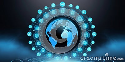 A digital globe surrounded by glowing AI icons and circuits, representing the global influence of artificial intelligence in Stock Photo