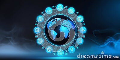 A digital globe surrounded by glowing AI icons and circuits, representing the global influence of artificial intelligence in Stock Photo
