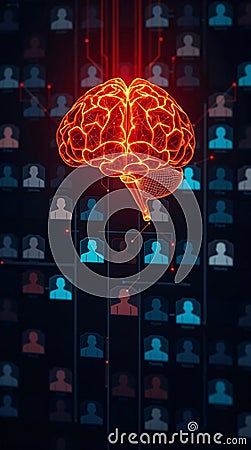 Digital glowing brain represents searching and sorting algorithms on social media and internet Stock Photo