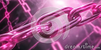 Digital glowing chain link in vibrant pink tones symbolizing blockchain, technology, connection, security, and innovative network Stock Photo