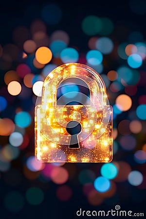 Digital glowing padlock sparkling bokeh cyber security encryption futuristic data protection concept online safety network Cartoon Illustration