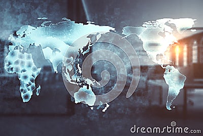 Digital glowing world map on blurry office interior background Stock Photo