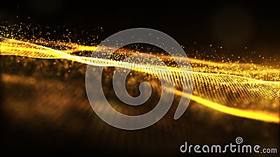 Digital gold color sparkling wave particles flow and bokeh abstract background Stock Photo
