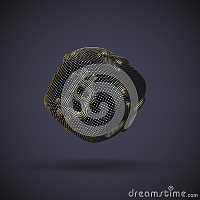 Digital golden 3D dice with cryptocurrency logos Bitcoin, Litecoin and Ripple. Cartoon Illustration