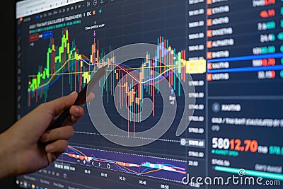 Digital graph chart diagrams data of cryptocurrency, stock market or forex exchange price on computer display screen. Global Stock Photo