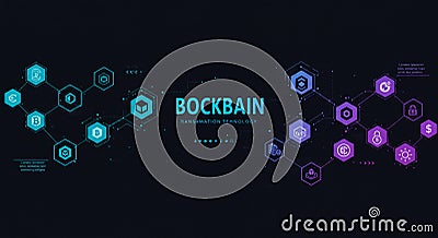 Digital graphic visualizing a blockchain concept. Hexagonal icons represent Stock Photo