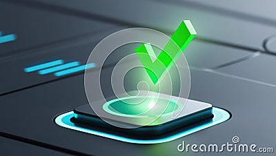 Digital green check mark button highlighted against a modern sleek interface with data elements Stock Photo
